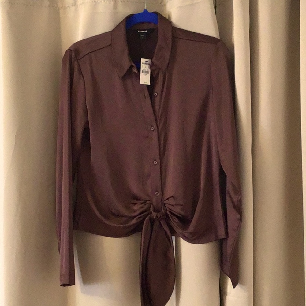 Express satin button front tie blouse